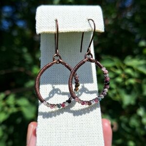 Pink & Green Tourmaline Antiqued Copper Earrings ~ Handcrafted Jewelry